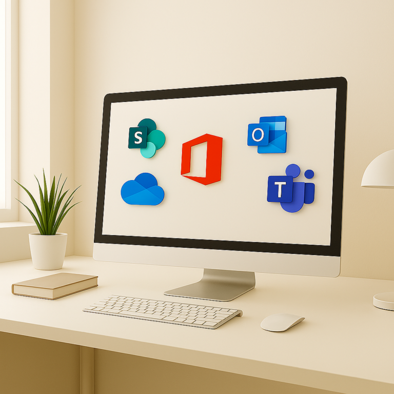 Entorno de oficina minimalista con un ordenador que muestra iconos de Microsoft 365 para ilustrar la productividad empresarial y el uso de herramientas como Teams, SharePoint, Outlook y OneDrive.
