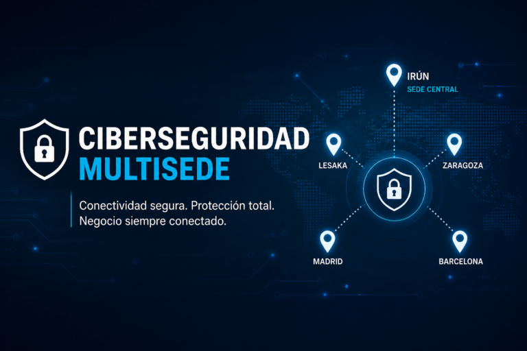 Ciberseguridad multisede con red segura conectando oficinas en diferentes ciudades mediante infraestructura IT protegida