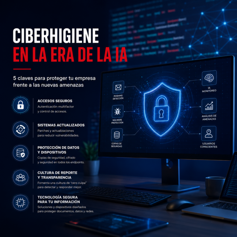 Ciberhigiene en la era de la IA: monitor con sistema de ciberseguridad empresarial y protección de datos frente a amenazas digitales