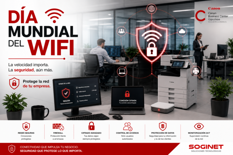 Profesionales trabajando en una oficina moderna con dispositivos conectados a una red WiFi empresarial segura, representando la conectividad, productividad y transformación digital en el Día Mundial del WiFi 2026.