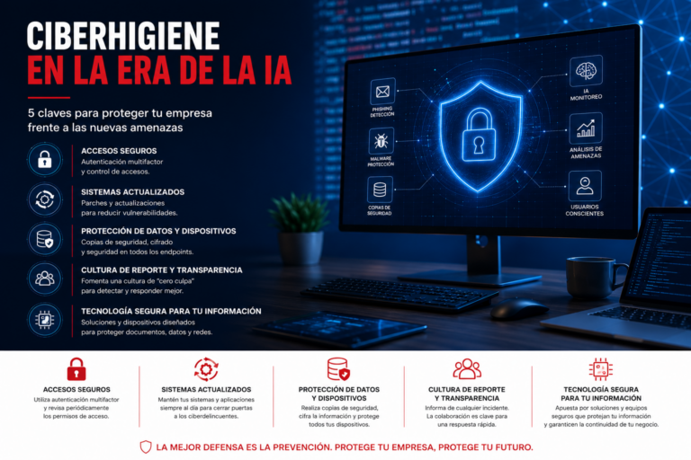 Ciberhigiene en la era de la IA: monitor con sistema de ciberseguridad empresarial y protección de datos frente a amenazas digitales