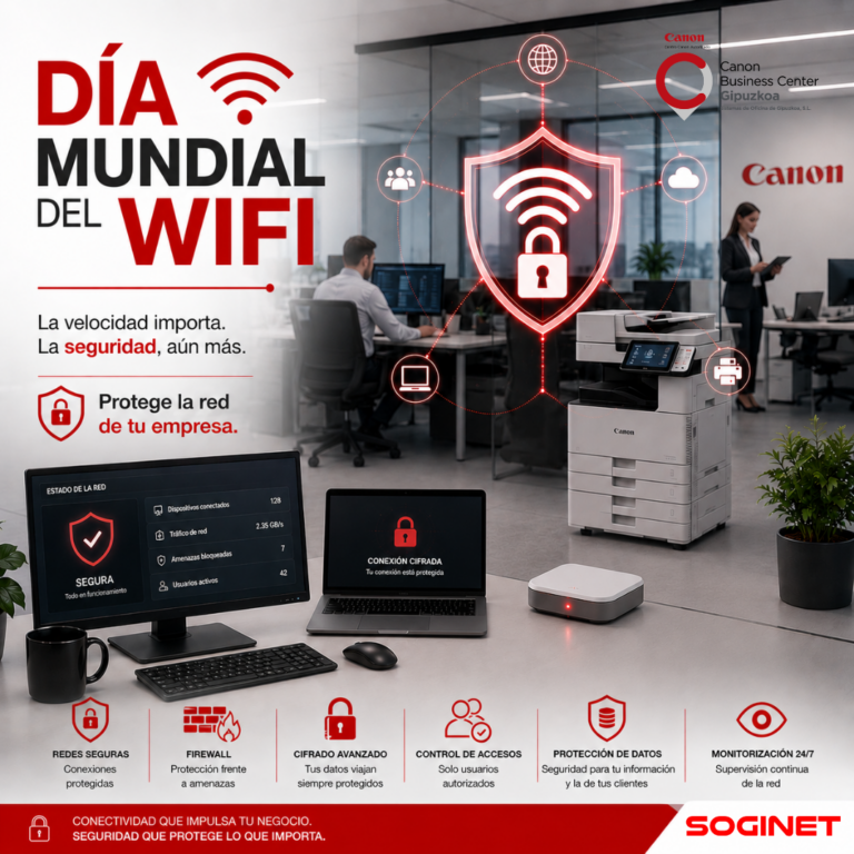 Profesionales trabajando en una oficina moderna con dispositivos conectados a una red WiFi empresarial segura, representando la conectividad, productividad y transformación digital en el Día Mundial del WiFi 2026.
