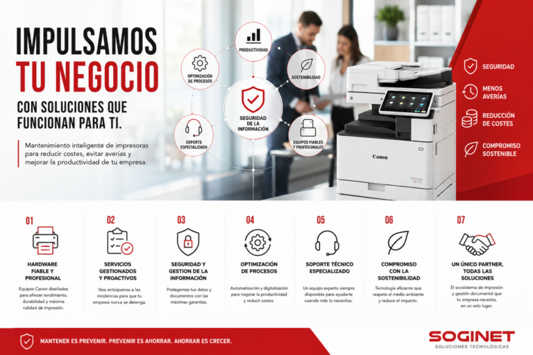Mantenimiento inteligente de impresoras para empresas con Canon eMaintenance que mejora la productividad, reduce averías, optimiza los costes de impresión y protege la seguridad de la información.