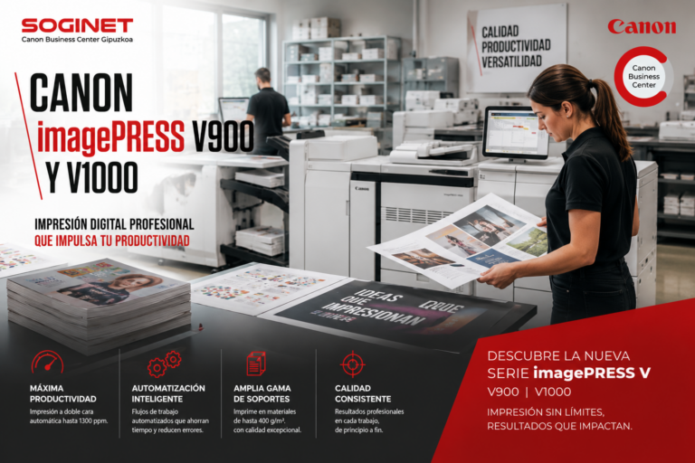 Operaria trabajando con las impresoras Canon imagePRESS V900 y V1000 en una imprenta profesional para impresión digital de alta producción.