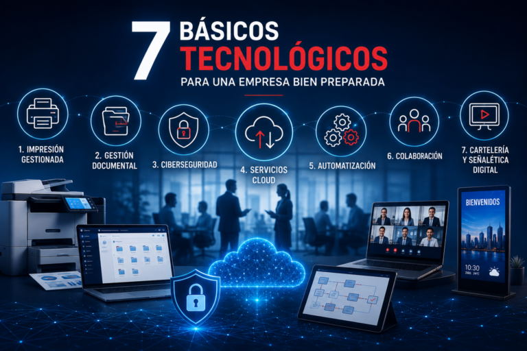 7 básicos tecnológicos para una empresa: impresión gestionada, gestión documental, ciberseguridad, cloud, automatización, colaboración y cartelería digital.
