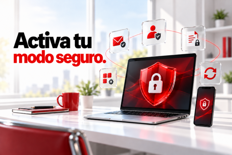 Portátil y móvil con escudos de seguridad, rodeados de iconos de los cinco hábitos de ciberseguridad, bajo el lema «Activa tu modo seguro».